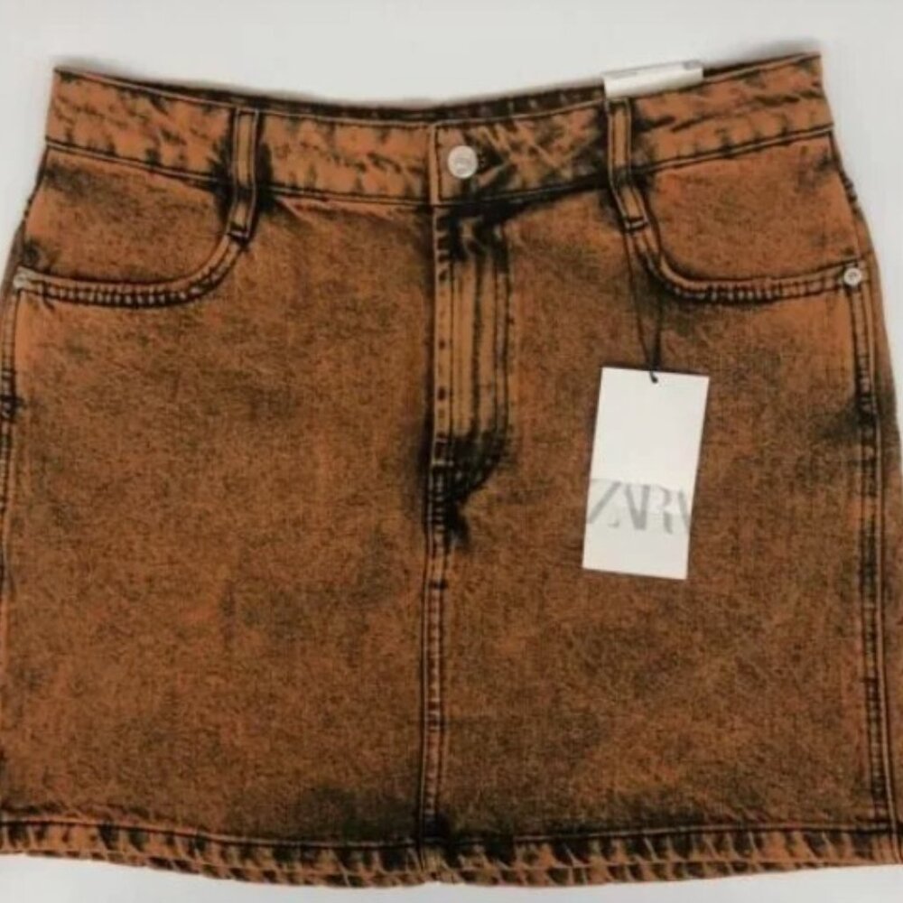Zara Washed Orange / Brown / Black Distressed Denim Mini Skirt NWT size L - Picture 3 of 4